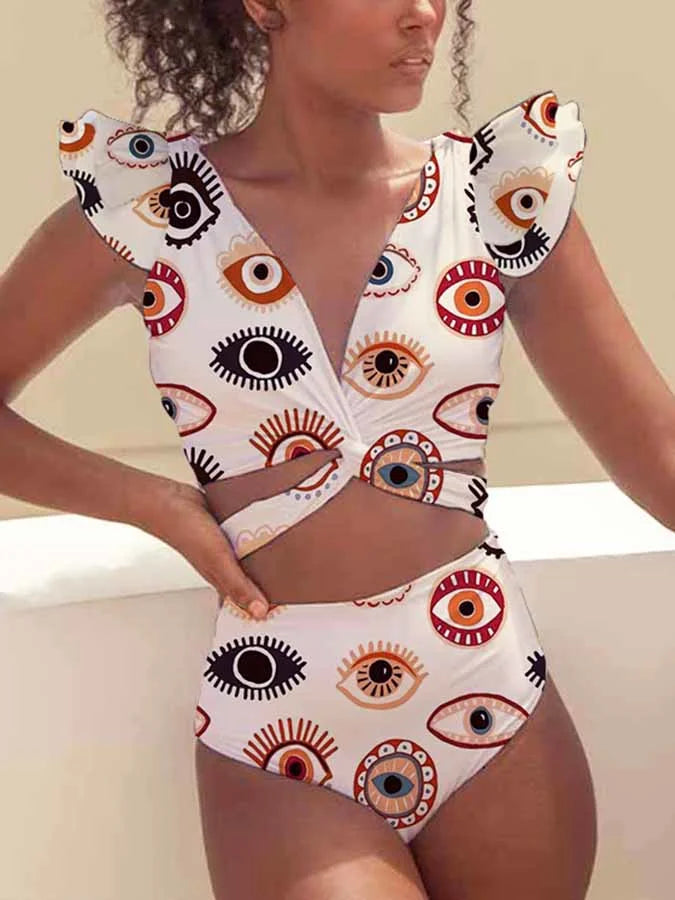 Abigail - Modny zestaw bikini z zabawnymi falbankami i unikalnym nadrukiem oka