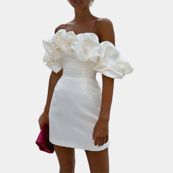 Stylowa damska mini sukienka z eleganckimi falbanami marki Ambre