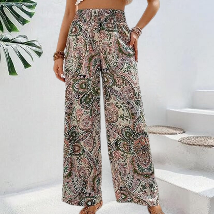 Hanna - Szerokie spodnie damskie Boho z ukośnymi kieszeniami