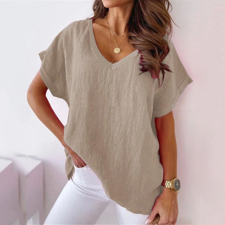 Lucy - Miękka koszulka z krótkim rękawem V-neck dla kobiet zapewniająca najwyższy komfort noszenia