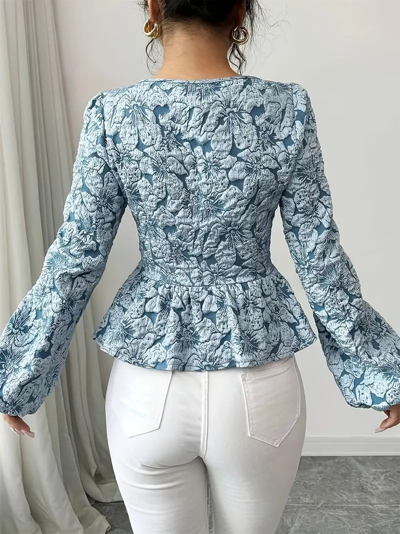 Hazel - Elegancki niebieski żakardowy top w kwiaty dla kobiet w jesiennym stylu