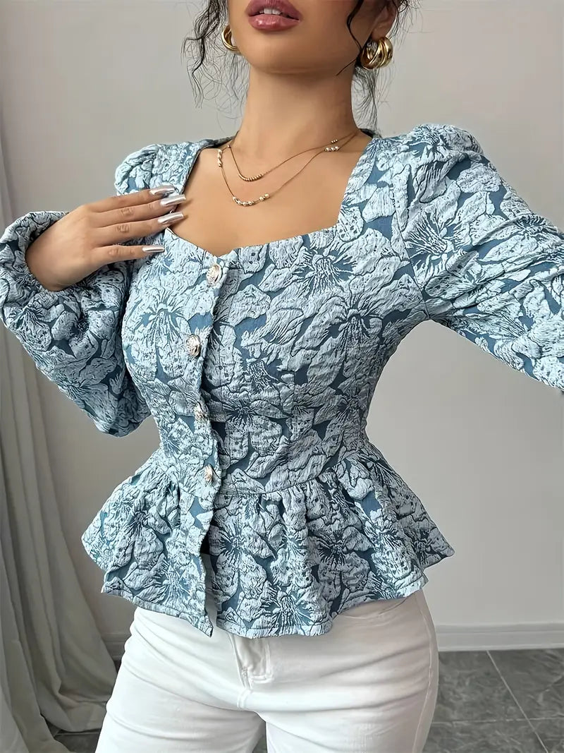 Hazel - Elegancki niebieski żakardowy top w kwiaty dla kobiet w jesiennym stylu
